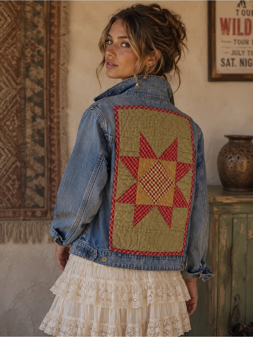VTG JCP UPcycled Denim Jacket w Quilted Patchwork Star Design cottagecore prarie